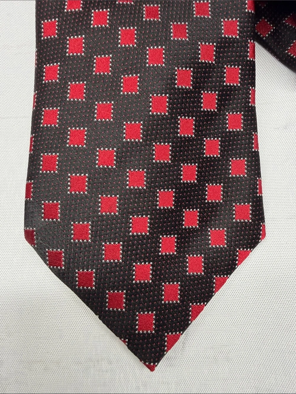 Oscar de la Renta Silk Black Neck Tie with Red Square Motif